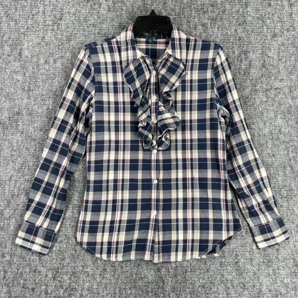 Ralph Lauren Shirt Womens S Plaid Ruffle Neck Western Rodeo Business Casual - Picture 1 of 5